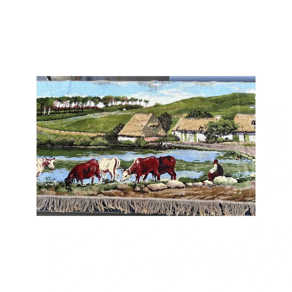 Vintage Scenic Tapestry Wall Hanging Cows River Thatch Roof Cottages‎ Fringe